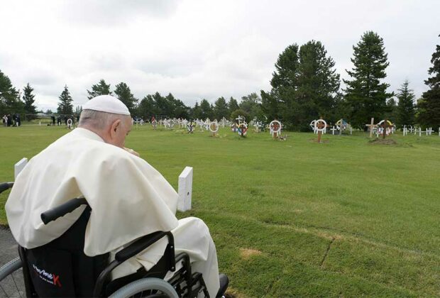 Pope Francis prays at the Ermineskin indigenous cemetery in Maskwacis, south of Edmonton, western Canada.