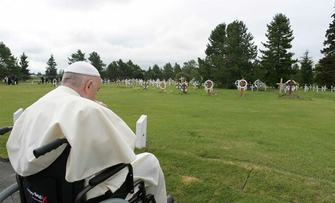 Pope Francis prays at the Ermineskin indigenous cemetery in Maskwacis, south of Edmonton, western Canada.