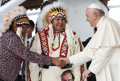 Pope Francis meets with First Nations, Metis and Inuit indigenous communities in Maskwacis, Alberta, Canada.